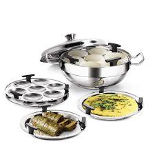 Milton Pro Cook Multi-Kadhai en acier inoxydable avec couvercle (2 plaques à idli, 1 mini-plaque à idli, 1 plaque vapeur, 2 plaques à dhokla), 26 cm, argent | Compatible induction | Compatible flamme et plaques chauffantes | Lavable au lave-vaisselle
