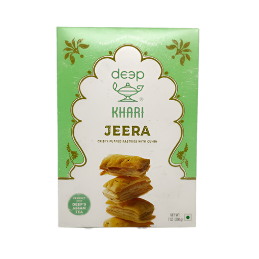 Deep Jeera Khari 200g — flaky puff pastry snack with cumin seeds in branded packaging