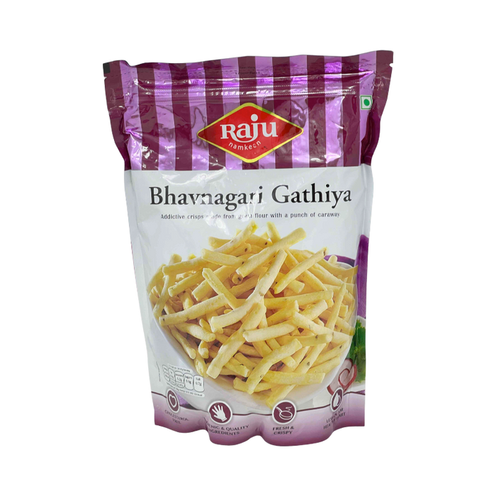 Raju Namkeen Bhavnagiri Gathiya 400g — Crispy, golden-brown besan-based snack in bowl