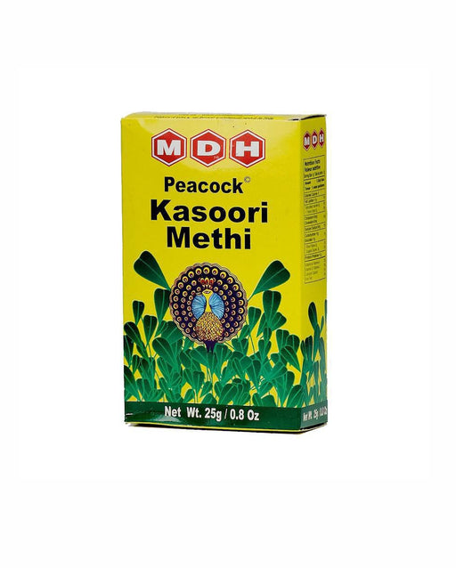 MDH Kasoori Methi Dried Fenugreek Leaves — front view of branded box of dried fenugreek leaves